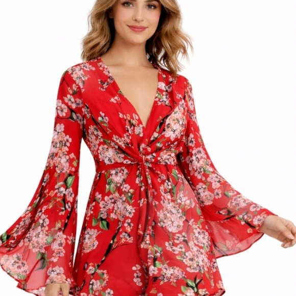 Boohoo Dresses & Skirts - Boohoo | Red Floral Romantic Bell Sleeves Mini Dress NWT